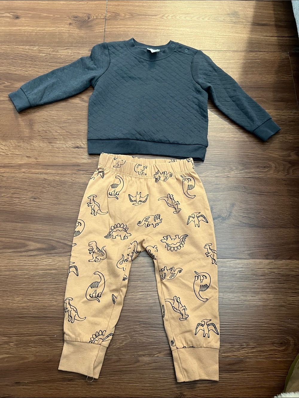 Cat & Jack Black Quilted Sweater and Tan Dinosaur Joggers Set